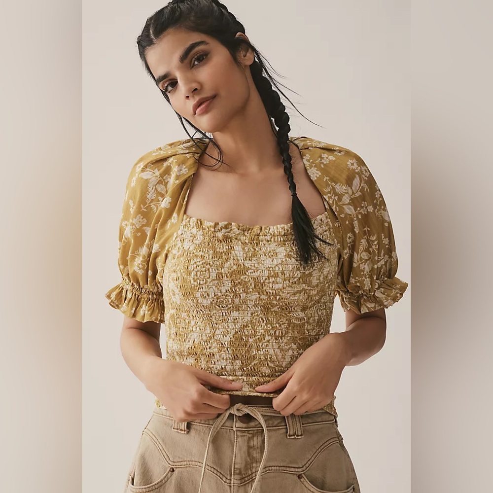 Anthropologie Seersucker Smocked Puff Sleeve Crop Top Floral Mustard Size L NWT
